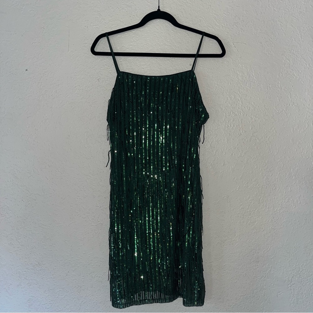 Trixxi Sleeveless Green Sequin Fringe Mini Dress